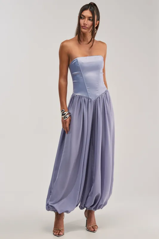 READ MY MIND STRAPLESS JUMPSUIT IN BLUE made by AKIRA
