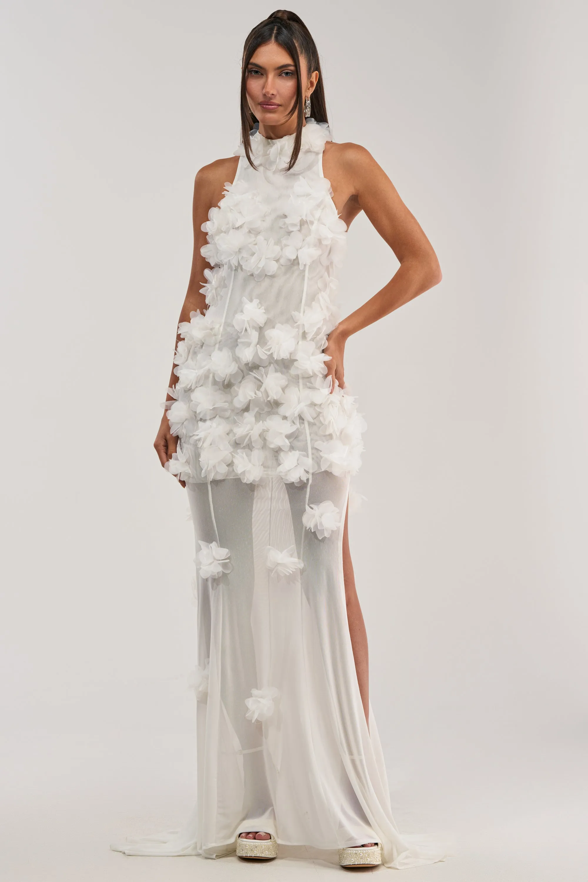 PARTY FAVOR RUFFLE MAXI DRESS IN WHITE sold by AKIRA