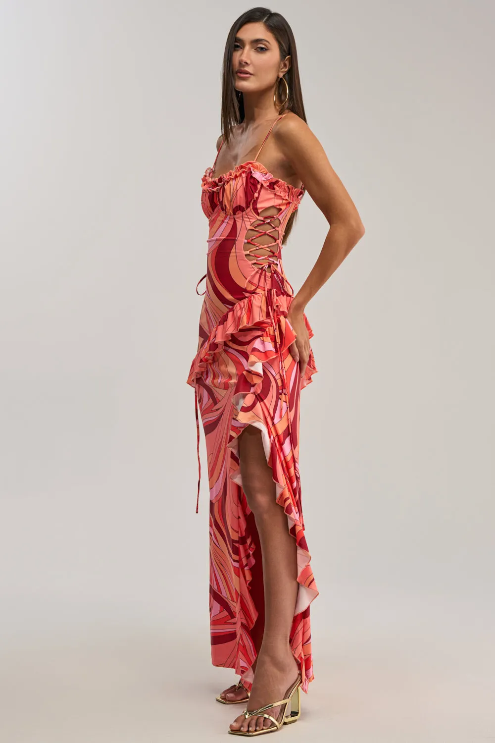 HANDLE WITH CARE ABSTRACT MIDI DRESS IN ORANGE sold by AKIRA product image thumbnail 4
