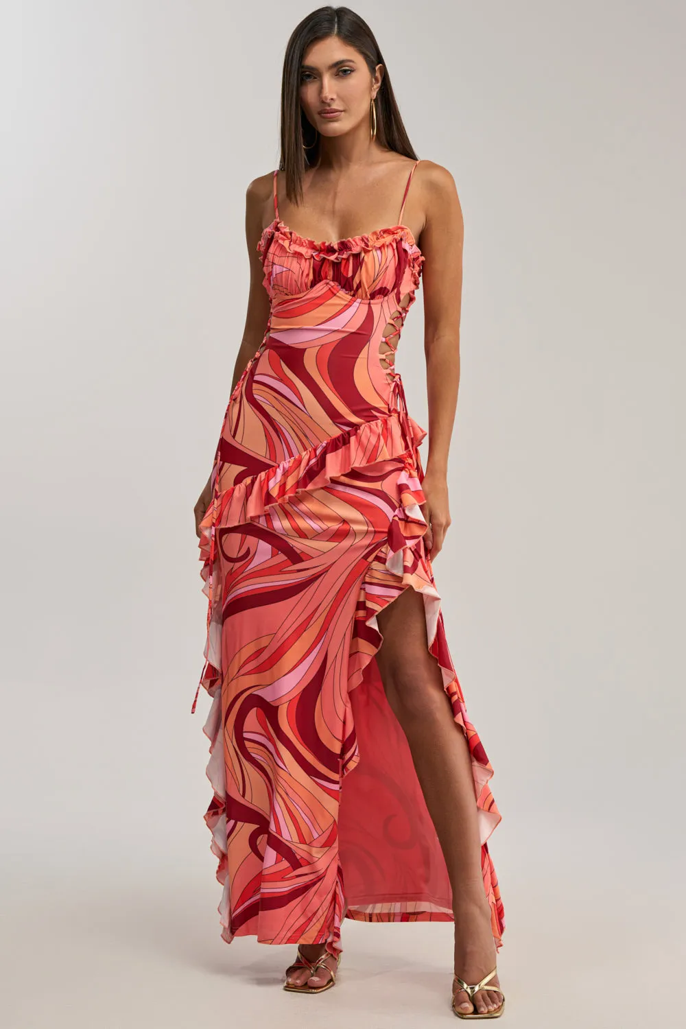 HANDLE WITH CARE ABSTRACT MIDI DRESS IN ORANGE sold by AKIRA product image thumbnail 3