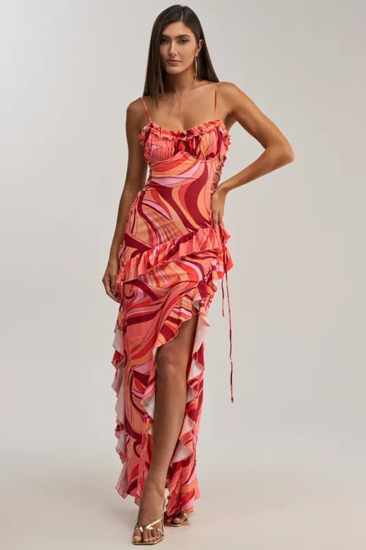 HANDLE WITH CARE ABSTRACT MIDI DRESS IN ORANGE made by AKIRA