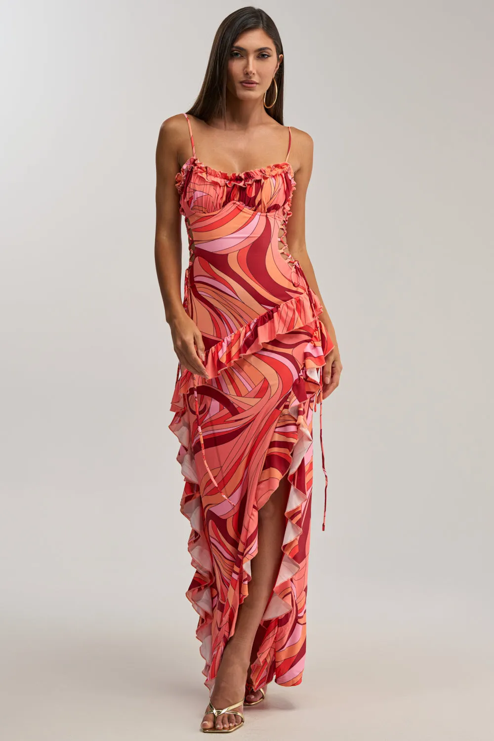 HANDLE WITH CARE ABSTRACT MIDI DRESS IN ORANGE sold by AKIRA product image thumbnail 2