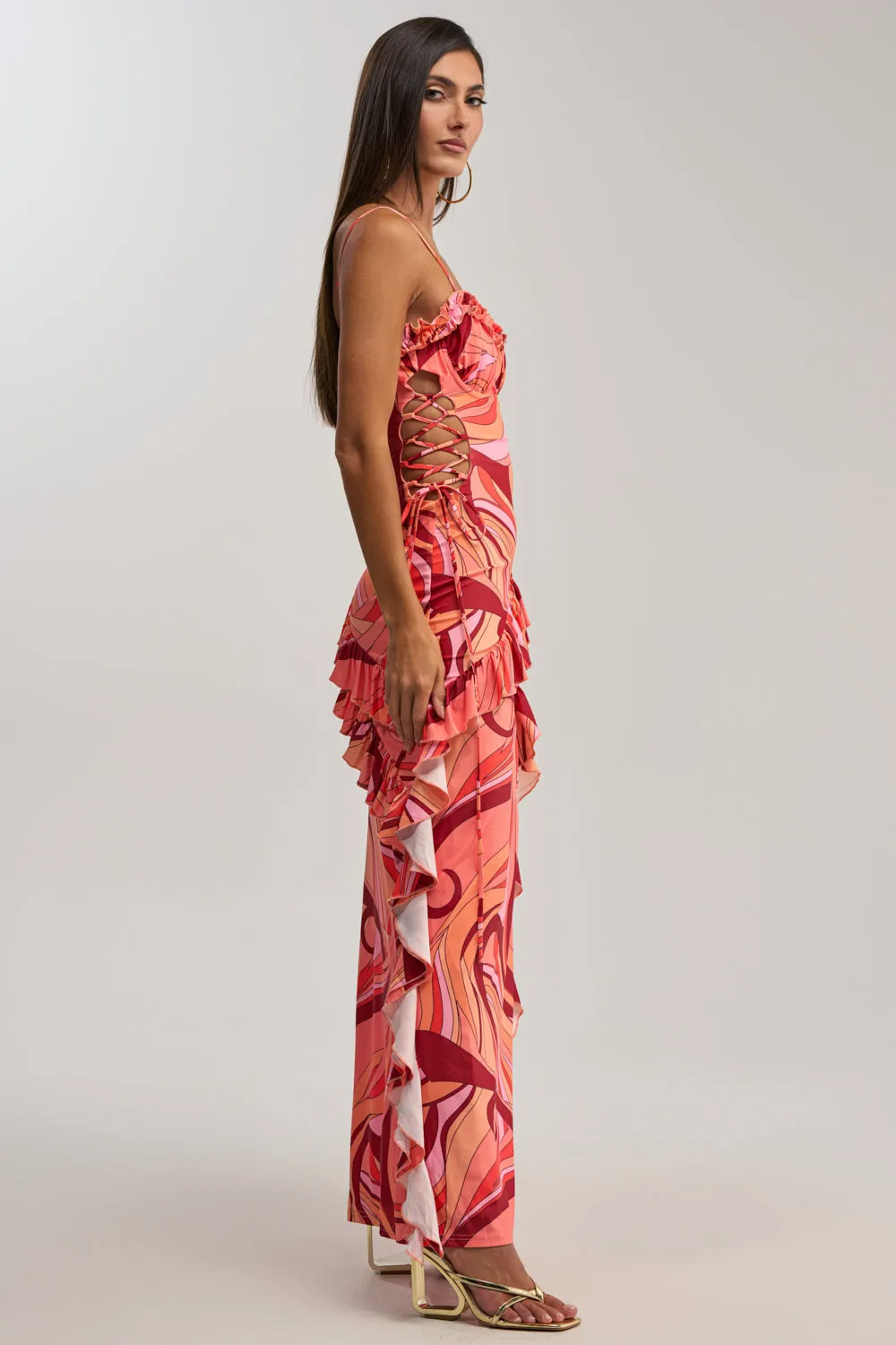 HANDLE WITH CARE ABSTRACT MIDI DRESS IN ORANGE sold by AKIRA product image thumbnail 5
