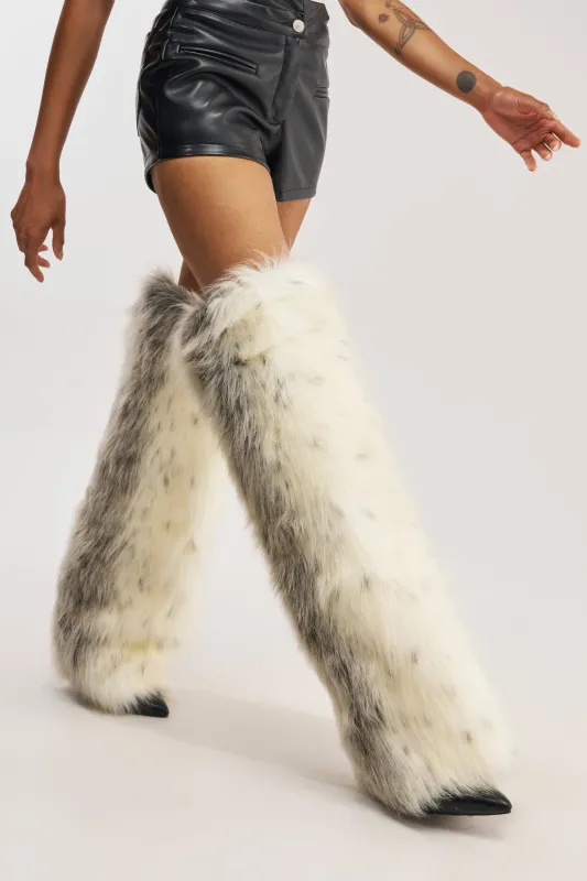 AZALEA WANG LANGLEYE CREAM MULTI SNOW LEOPARD THIGH HIGH FUR BOOT made by Azalea Wang