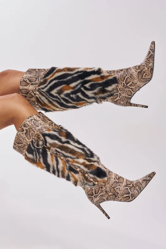 AZALEA WANG ALISETTE SNAKE MULTI FUR STILETTO BOOT made by Azalea Wang