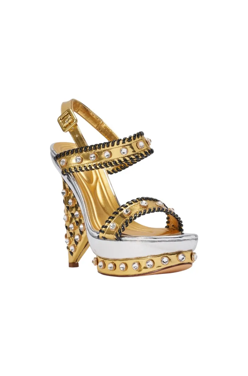 AKIRA GOLD KARINA GOLD METALLIC EMBELLISHED BLOCK HEEL SANDAL sold by AKIRA product image thumbnail 4