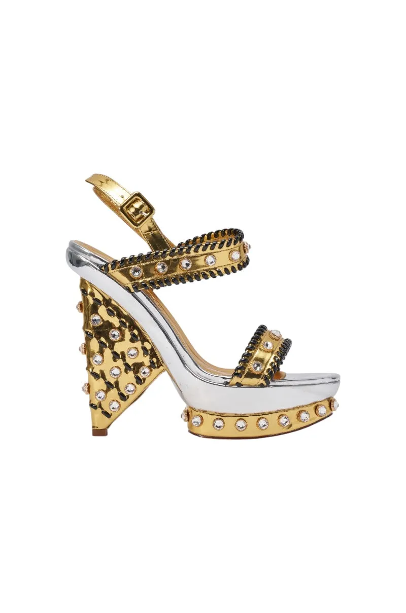 AKIRA GOLD KARINA GOLD METALLIC EMBELLISHED BLOCK HEEL SANDAL sold by AKIRA product image thumbnail 5
