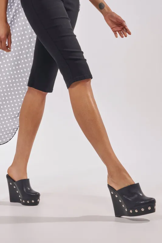 AZALEA WANG RIALA BLACK PU SILVER STUDDED WEDGE CLOG SANDAL made by Azalea Wang