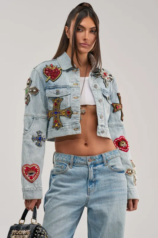 GIVE AND TAKE EMBELLISHED DENIM JACKET made by AKIRA