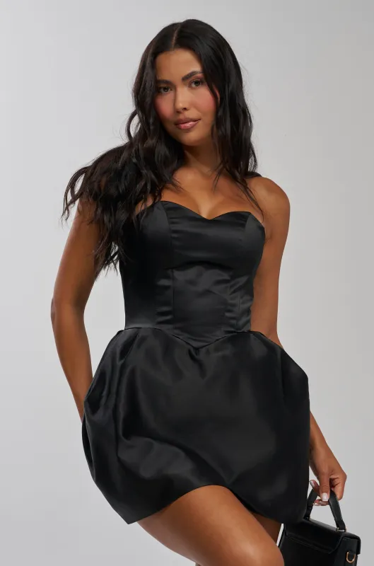 QUEEN OF HEARTS STRAPLESS SATIN MINI DRESS IN BLACK made by AKIRA