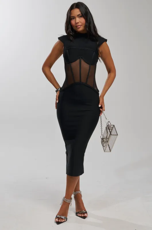 ICONIC INSTINCT BANDAGE CORSET MIDI DRESS made by AKIRA
