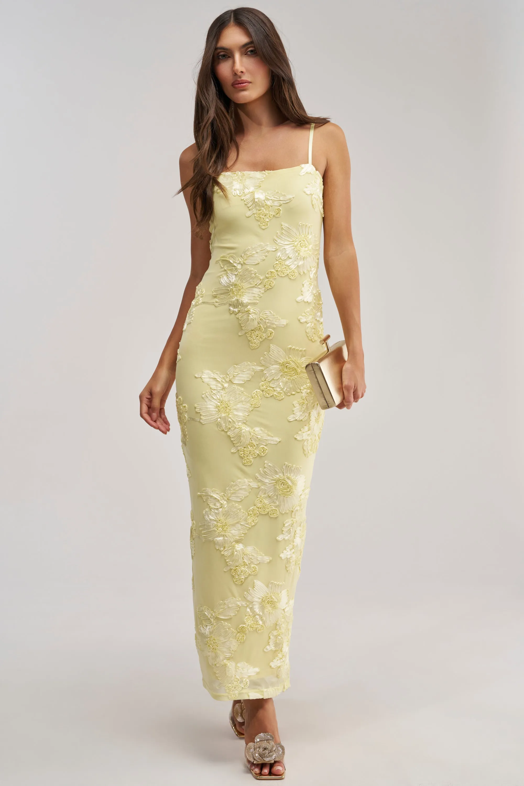 TRY TO KEEP UP FLORAL MIDI DRESS IN YELLOW sold by AKIRA