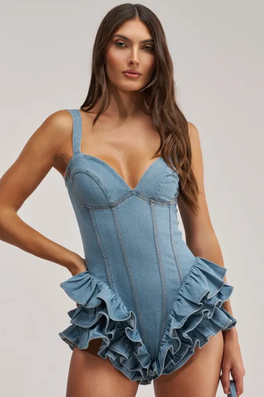 PLAY IT COOL RUFFLE DENIM ROMPER made by AKIRA