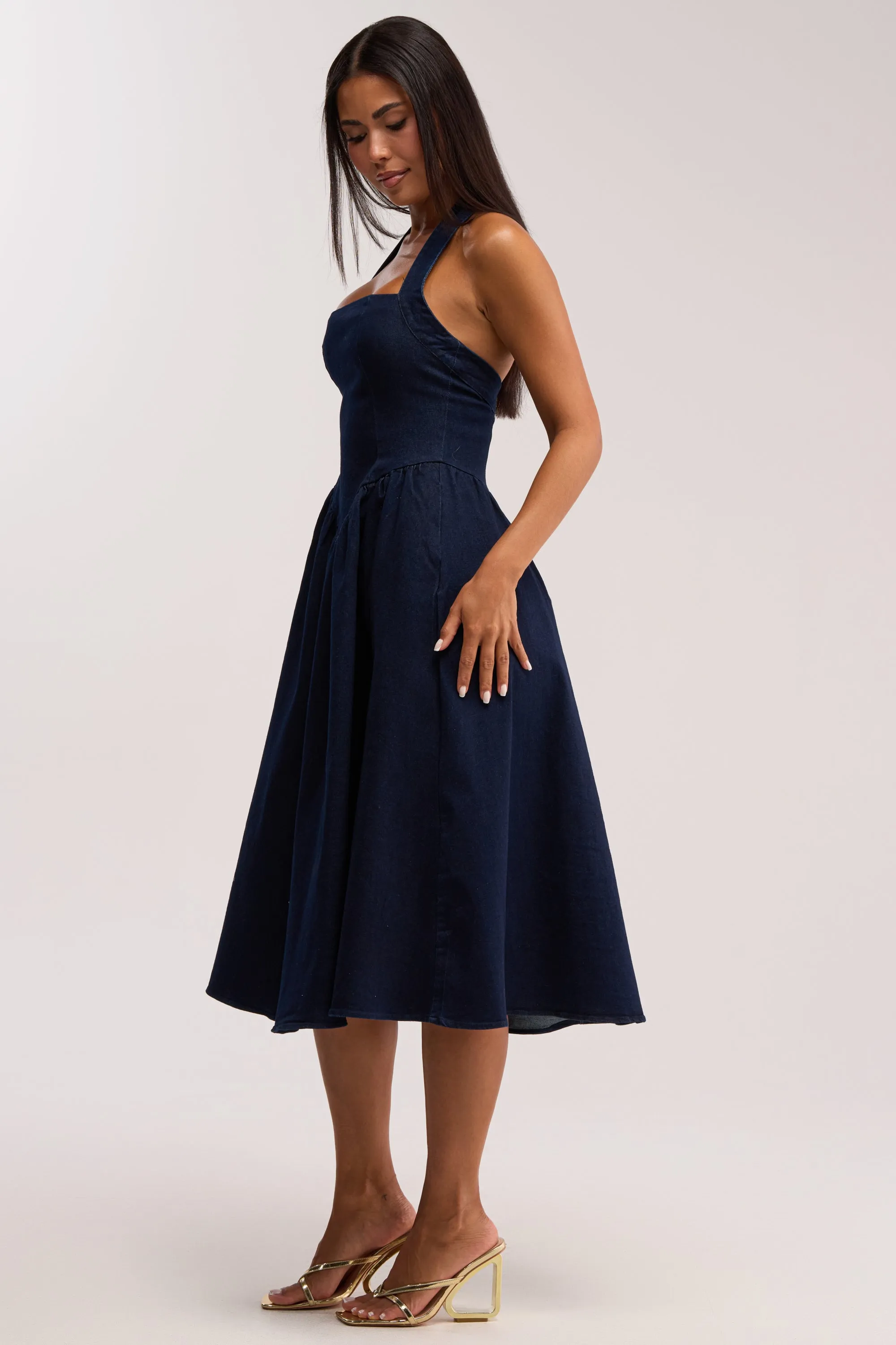 MISS INDEPENDENT DENIM HALTER MIDI DRESS sold by AKIRA product image thumbnail 3