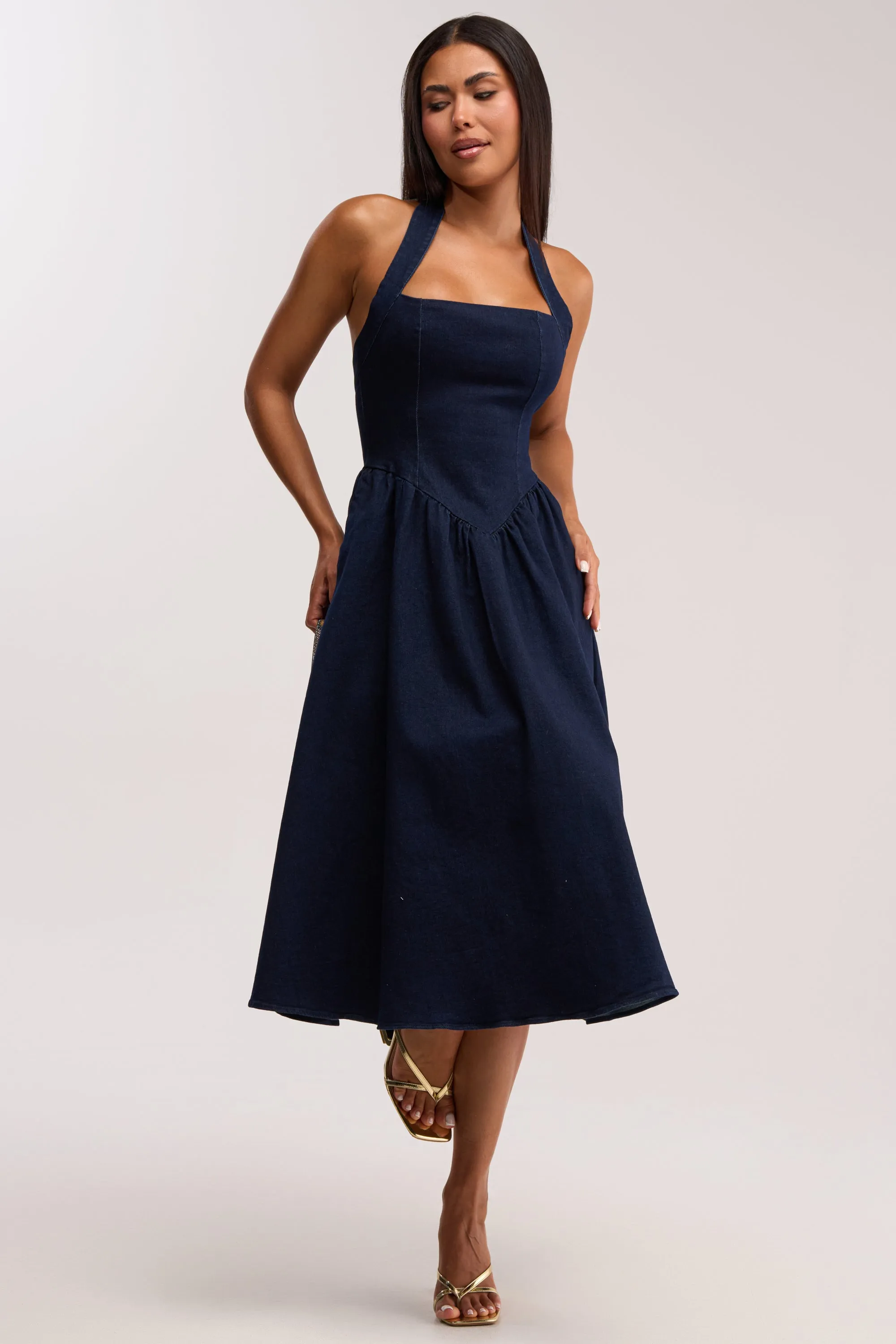 MISS INDEPENDENT DENIM HALTER MIDI DRESS sold by AKIRA product image thumbnail 2