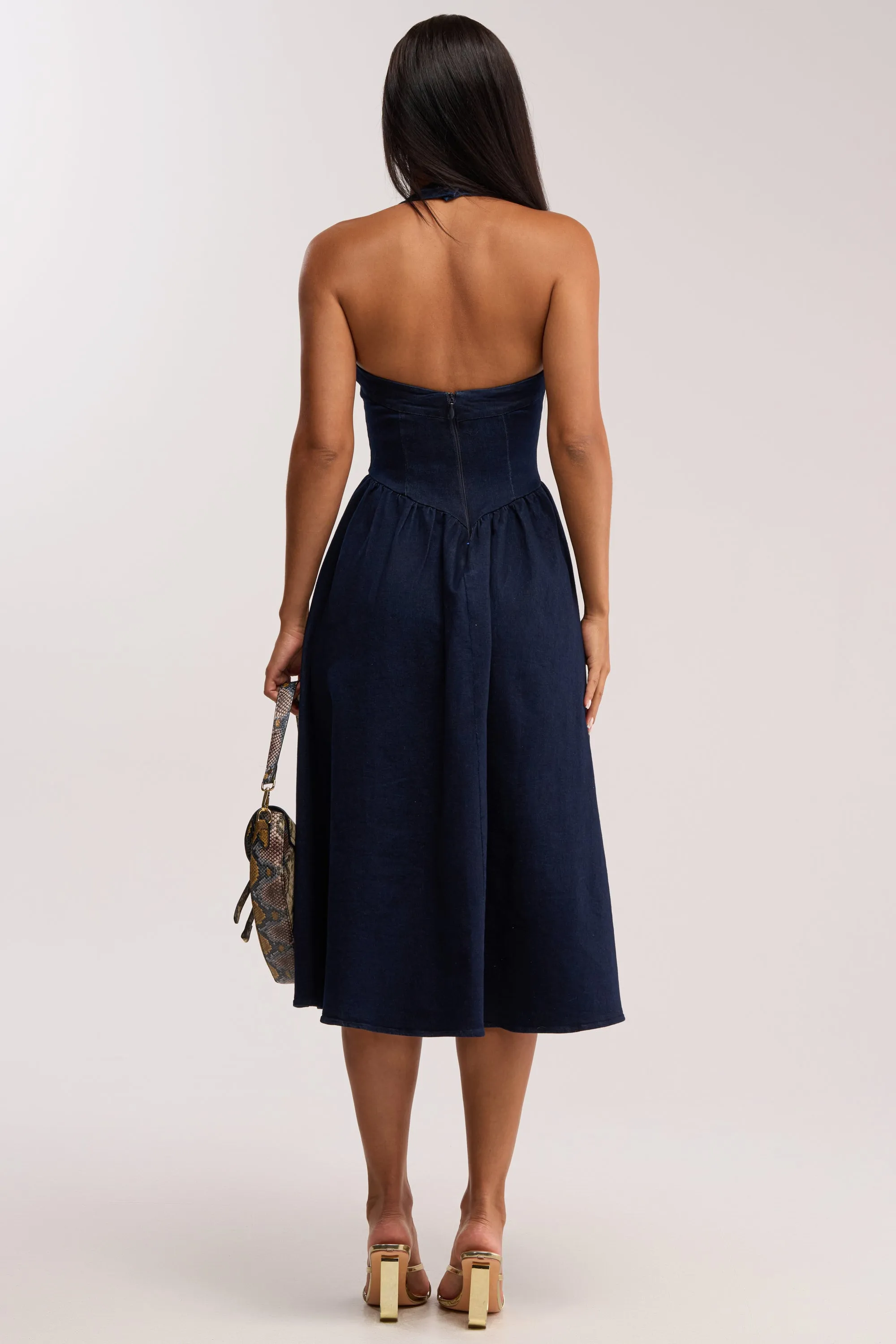 MISS INDEPENDENT DENIM HALTER MIDI DRESS sold by AKIRA product image thumbnail 4