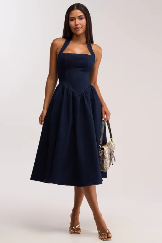 MISS INDEPENDENT DENIM HALTER MIDI DRESS made by AKIRA