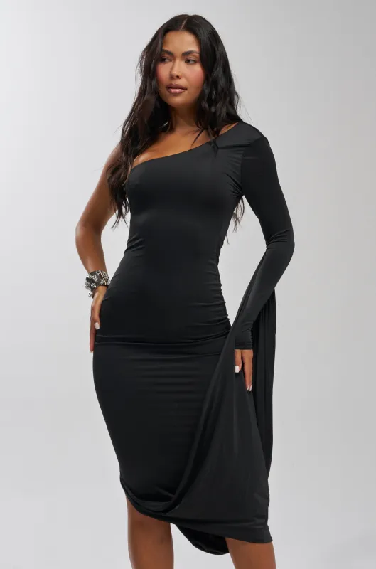FOREVER FLIRTY ONE SHOULDER WINGED MIDI DRESS made by AKIRA