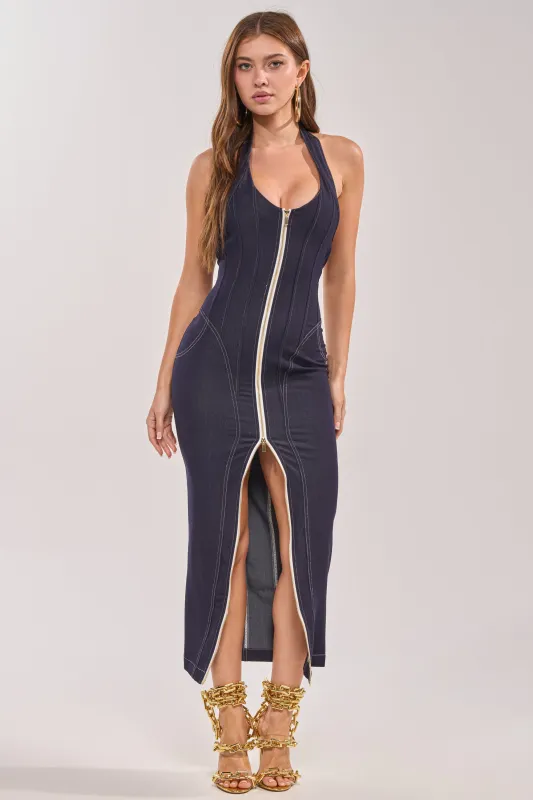 JADA ZIP UP DENIM MAXI DRESS made by AKIRA