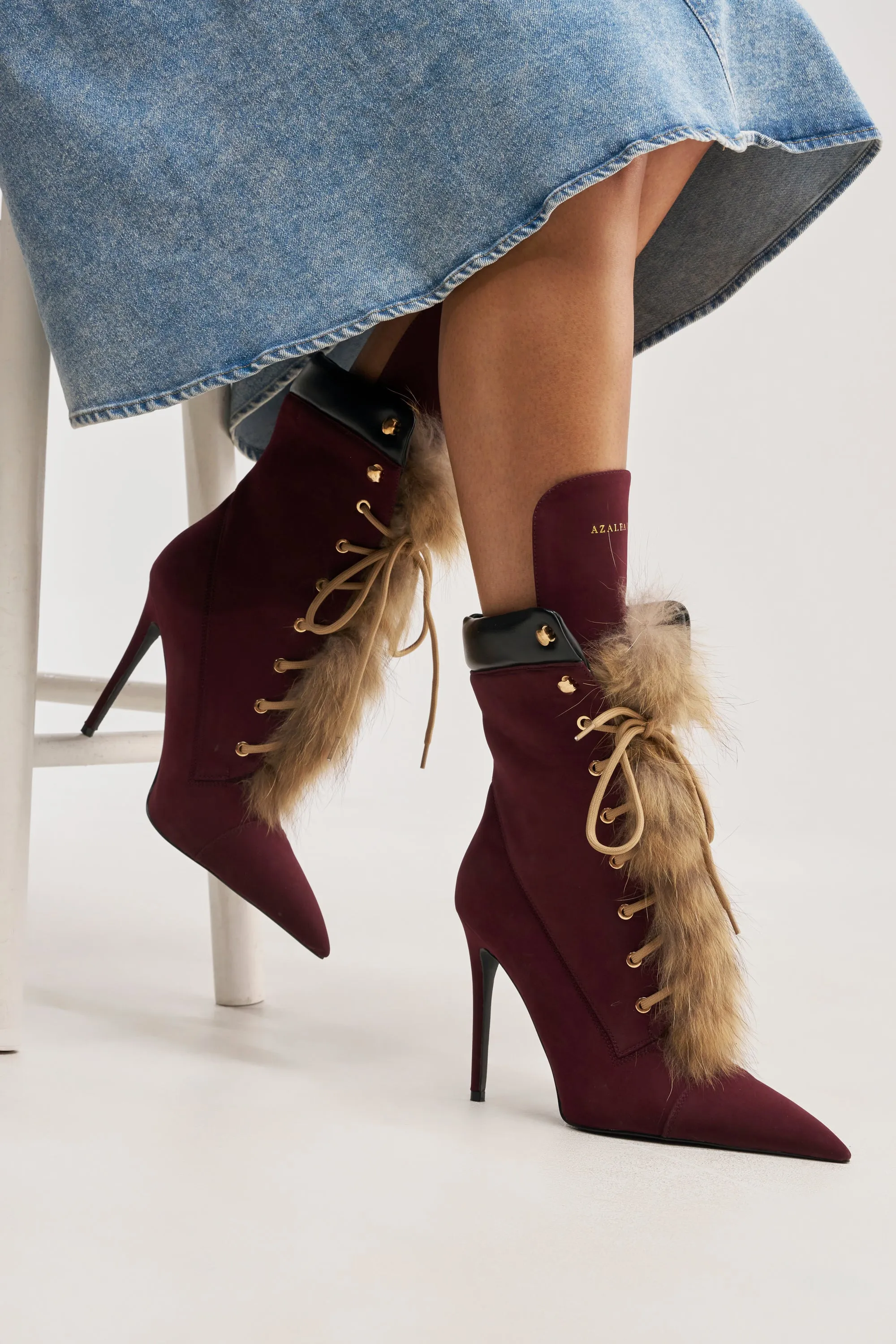 AKIRA GOLD NYMERA BURGUNDY STILETTO BOOTIE WITH FUR sold by AKIRA product image thumbnail 3