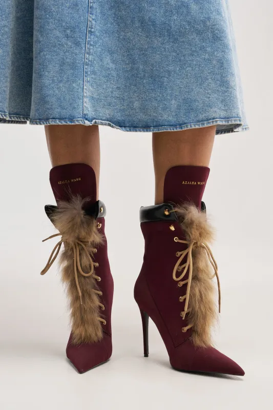 AKIRA GOLD NYMERA BURGUNDY STILETTO BOOTIE WITH FUR made by AKIRA