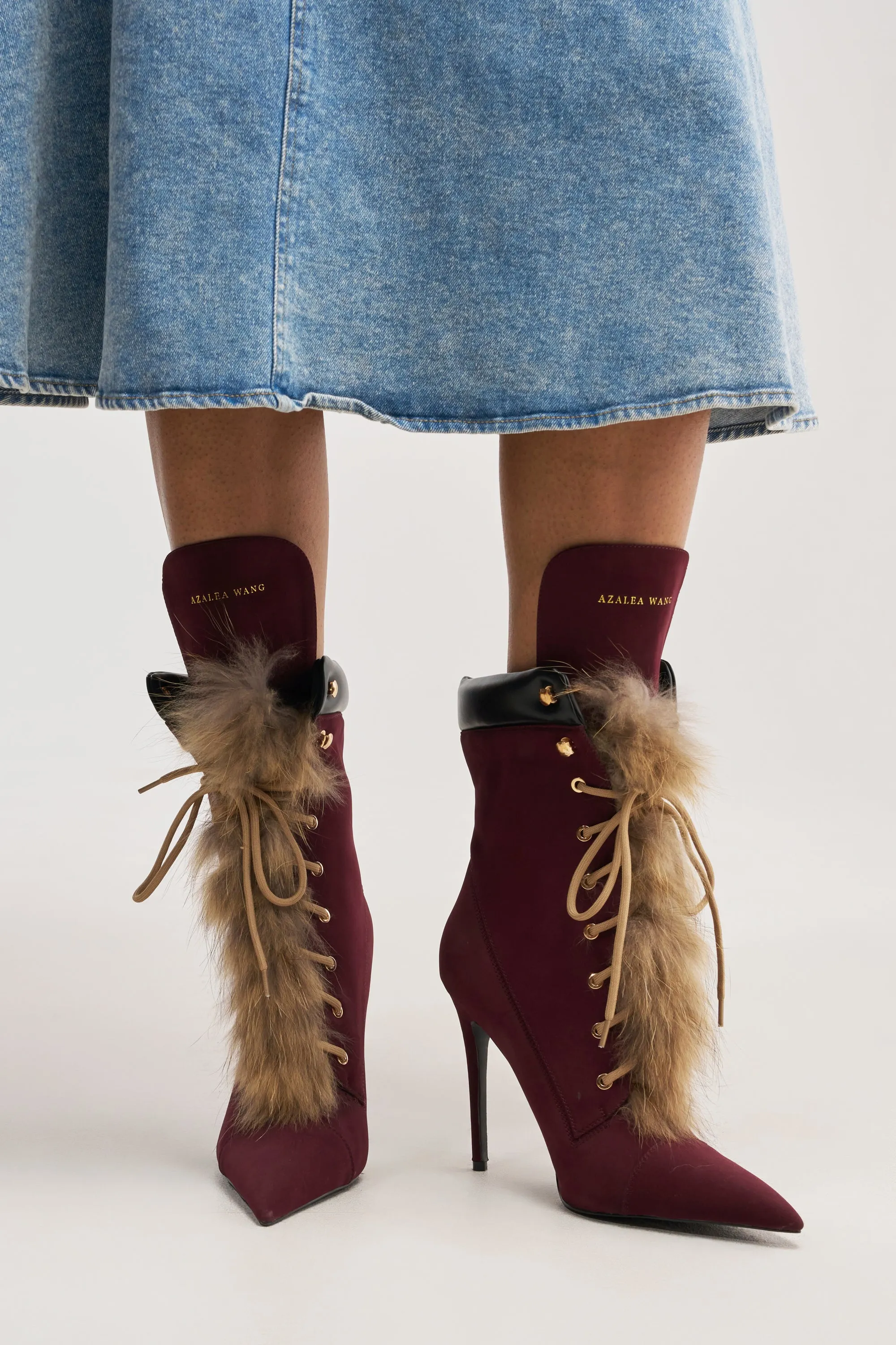 AKIRA GOLD NYMERA BURGUNDY STILETTO BOOTIE WITH FUR sold by AKIRA