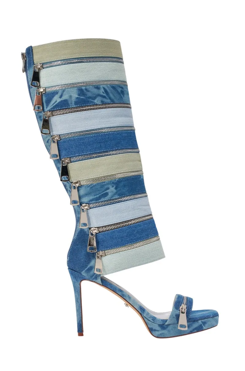 AKIRA GOLD ONREPEAT DENIM EMBELLISHED PLATFORM STILETTO SANDAL BOOT sold by AKIRA product image thumbnail 5