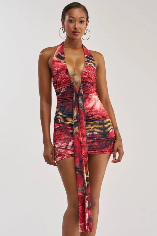 I DARE YOU PLUNGING MINI DRESS IN RED MULTI made by AKIRA