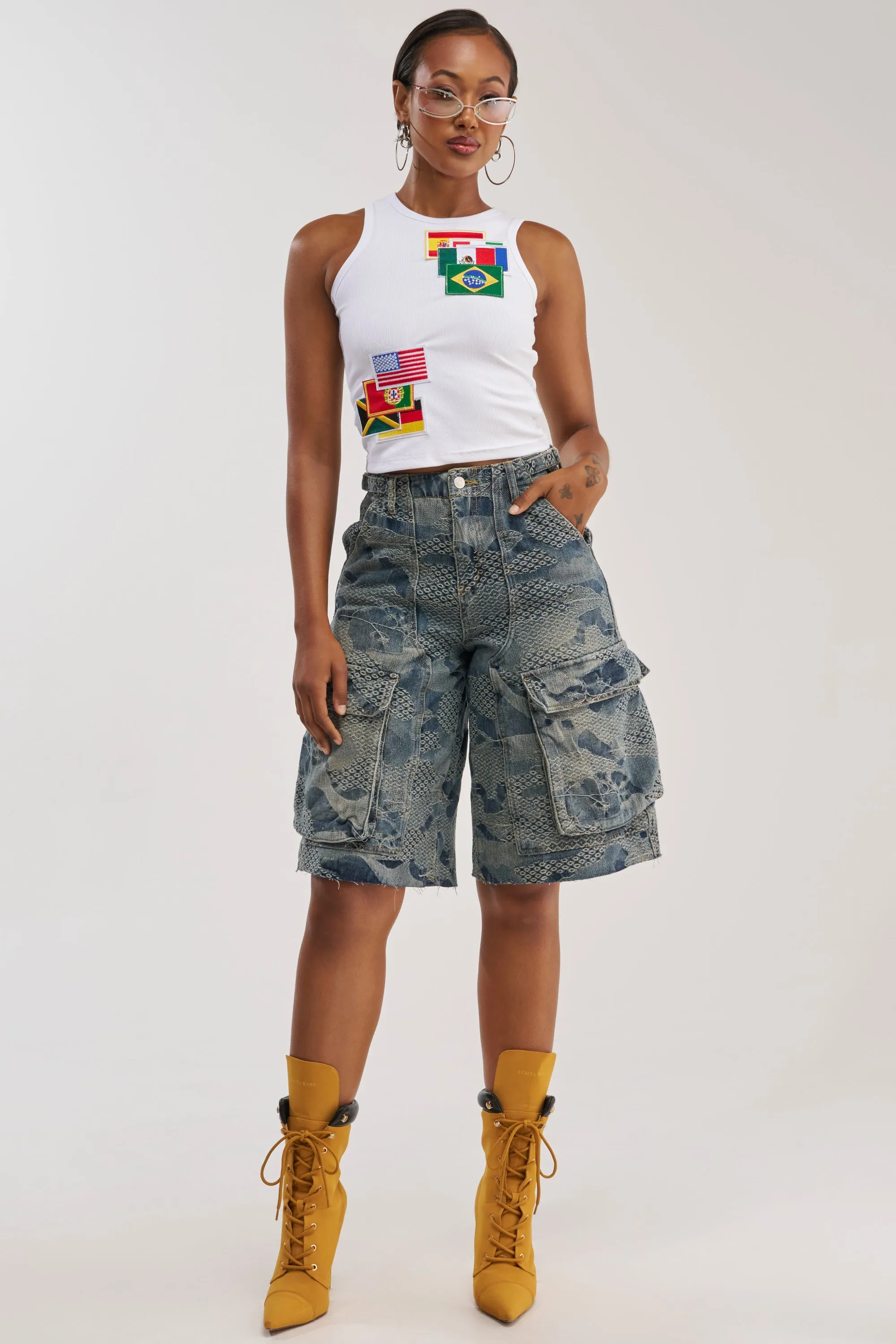 I THINK YOU WANNA KNOW DENIM CARGO BERMUDA sold by AKIRA