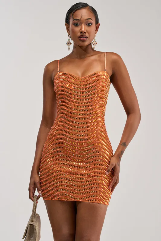 SHINE ON RHINESTONE MINI DRESS IN ORANGE made by AKIRA