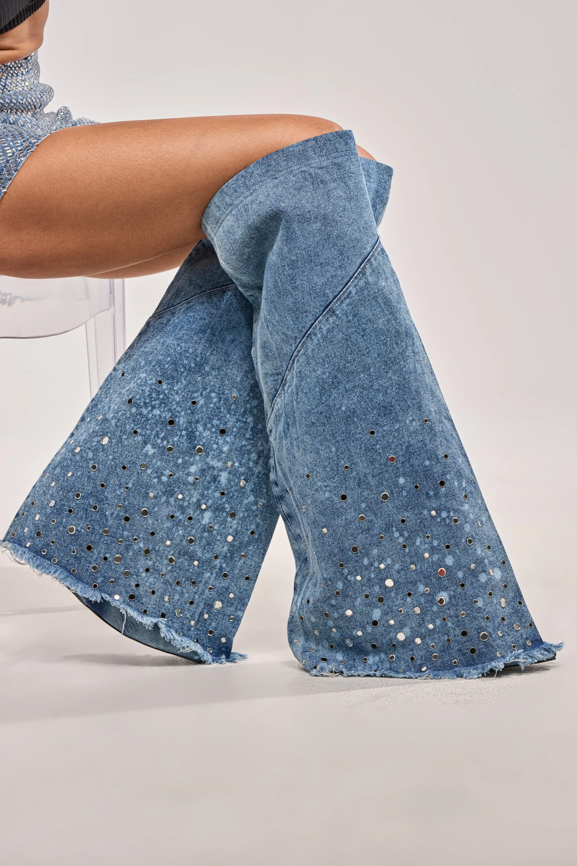 AKIRA WHYNOT DENIM RHINESTONE EMBELLISHED WEDGE BOOT sold by AKIRA product image thumbnail 5