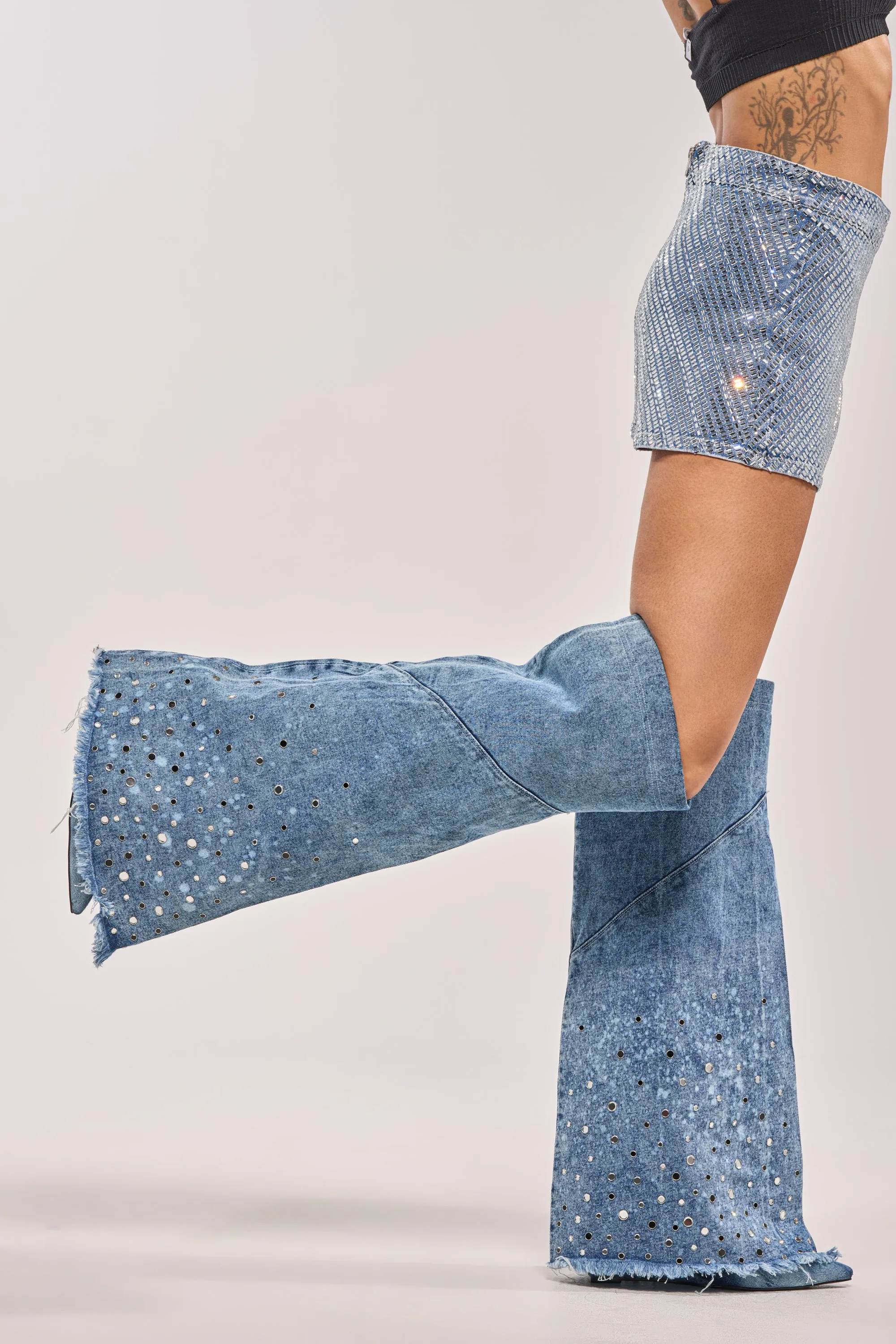 AKIRA WHYNOT DENIM RHINESTONE EMBELLISHED WEDGE BOOT sold by AKIRA product image thumbnail 3