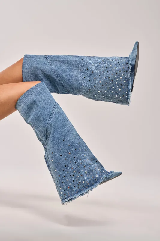 AKIRA WHYNOT DENIM RHINESTONE EMBELLISHED WEDGE BOOT made by AKIRA