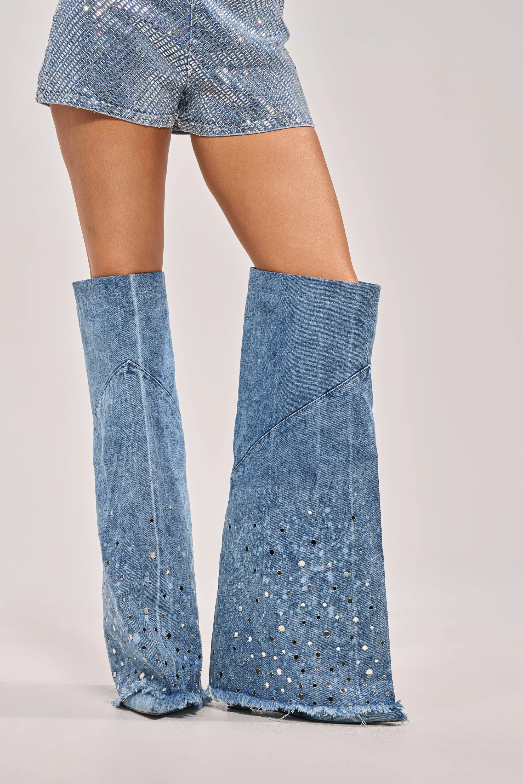 AKIRA WHYNOT DENIM RHINESTONE EMBELLISHED WEDGE BOOT sold by AKIRA product image thumbnail 2
