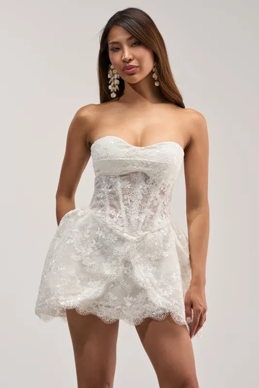 BACHELORETTE LACE MINI DRESS IN IVORY made by AKIRA