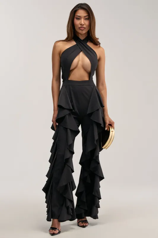 DANCE BREAK RUFFLE JUMPSUIT IN BLACK made by AKIRA
