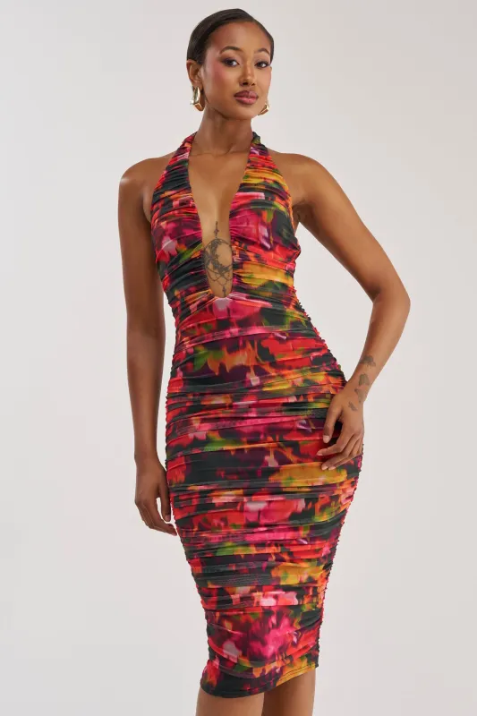 SPELL ON YOU ABSTRACT MIDI DRESS IN PINK MULTI made by AKIRA