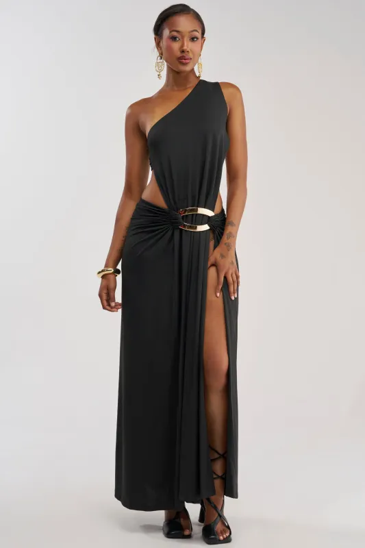HEARTBREAKER ONE SHOULDER MAXI DRESS IN BLACK made by AKIRA