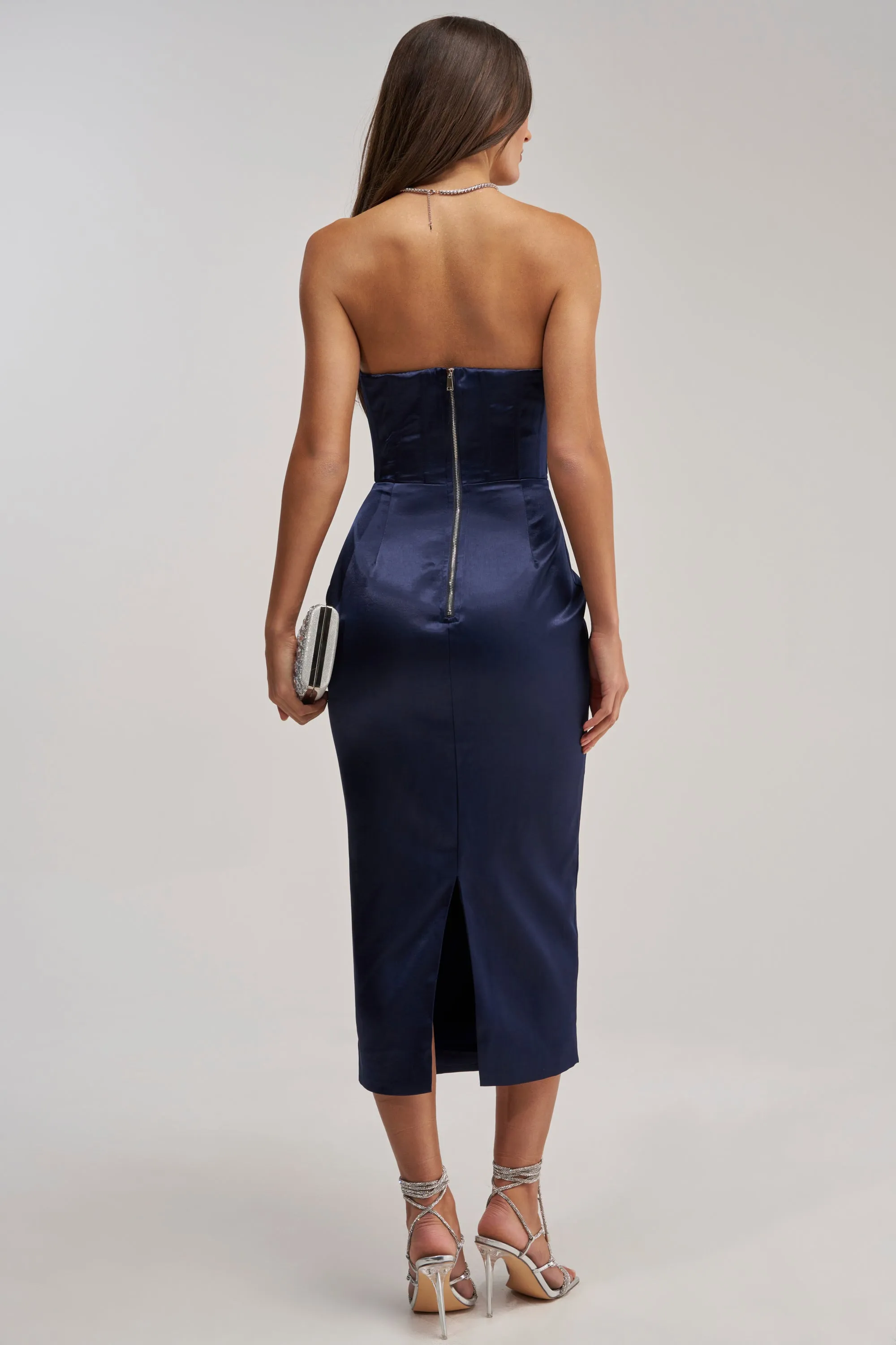 FEELIN THE LOVE RHINESTONE SATIN MIDI DRESS IN NAVY sold by AKIRA product image thumbnail 4