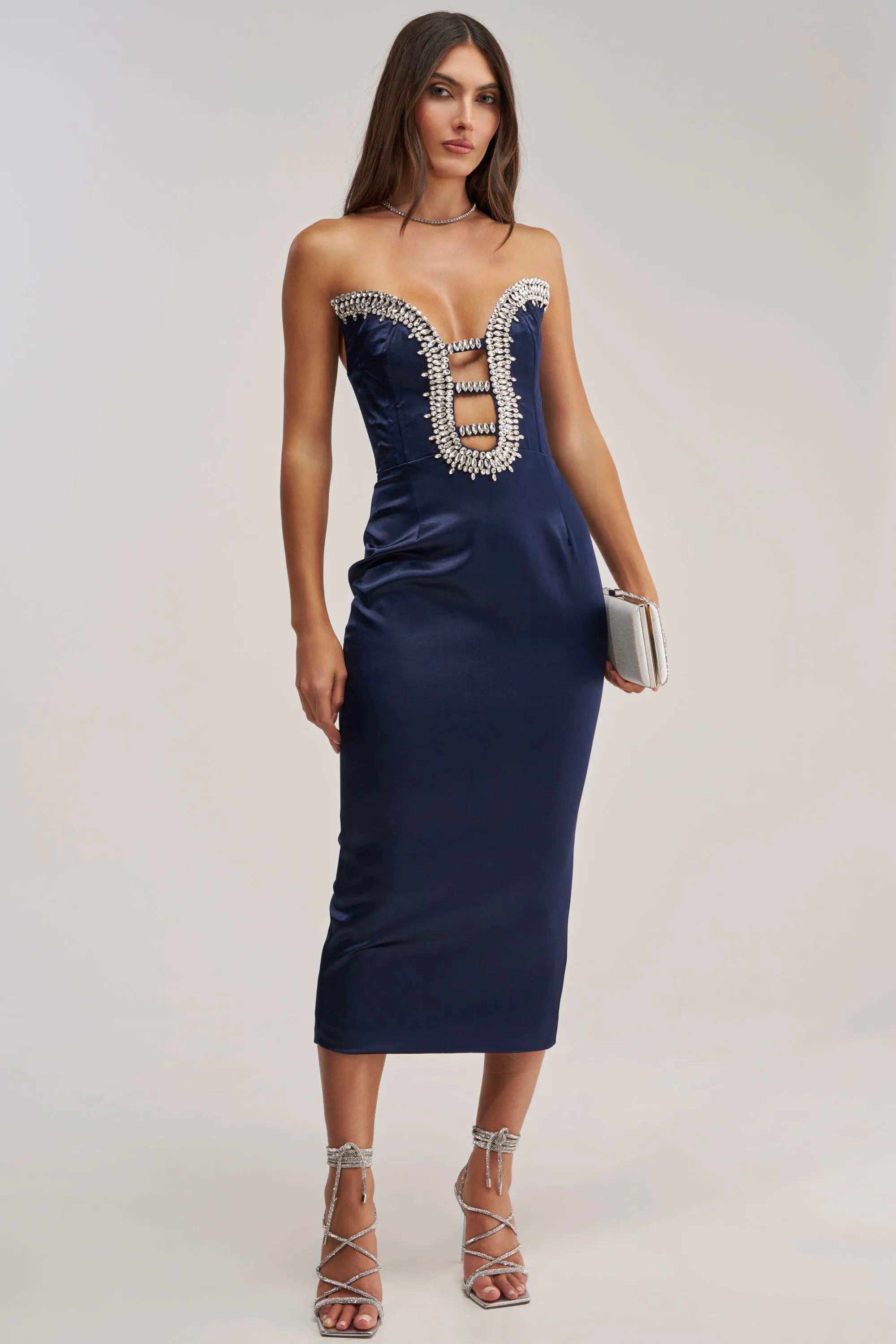FEELIN THE LOVE RHINESTONE SATIN MIDI DRESS IN NAVY sold by AKIRA product image thumbnail 2