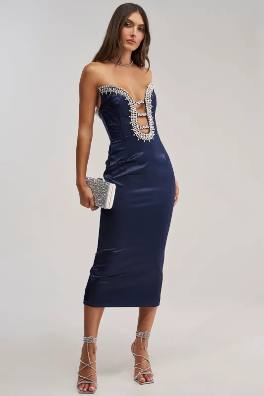 FEELIN THE LOVE RHINESTONE SATIN MIDI DRESS IN NAVY made by AKIRA