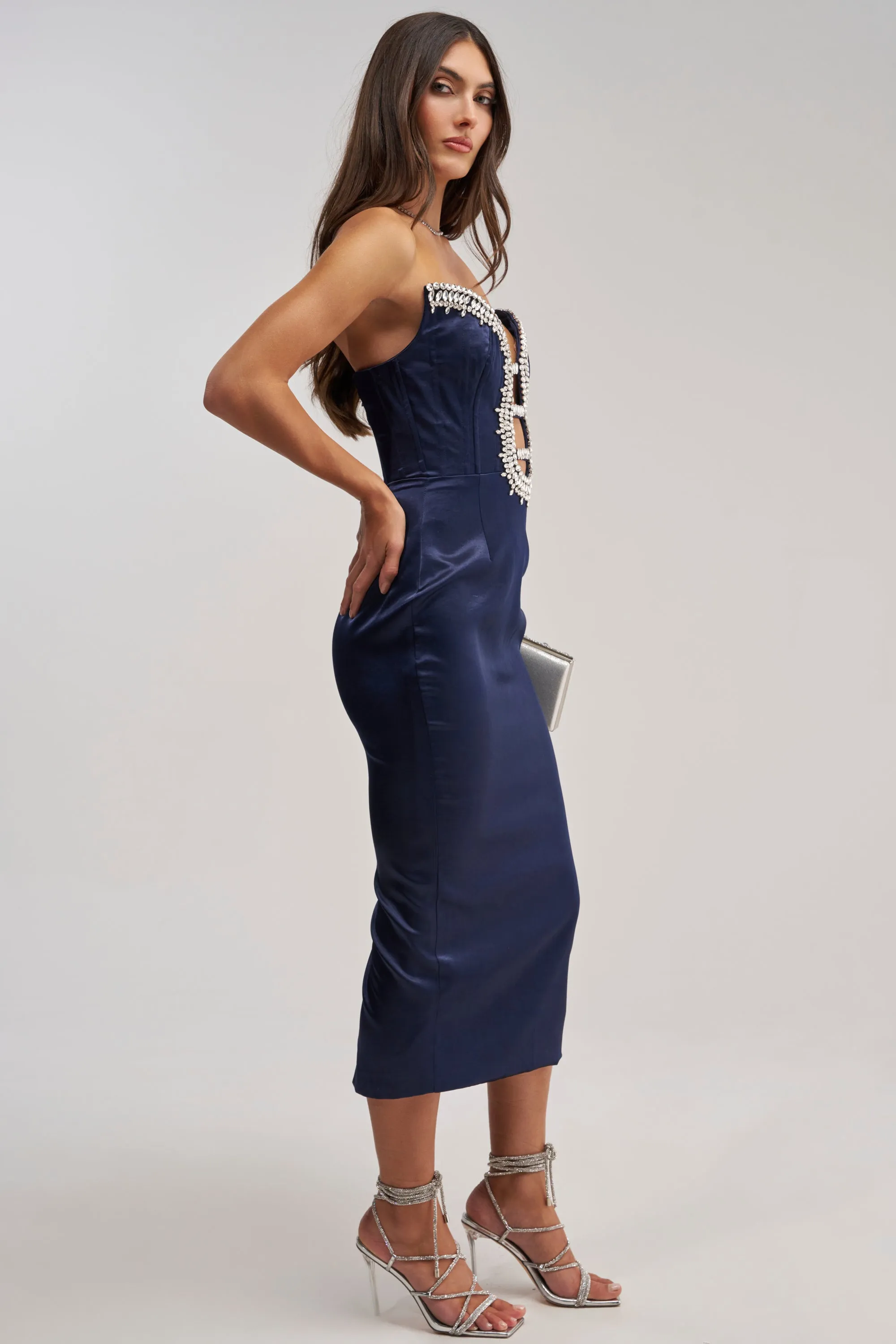 FEELIN THE LOVE RHINESTONE SATIN MIDI DRESS IN NAVY sold by AKIRA product image thumbnail 3