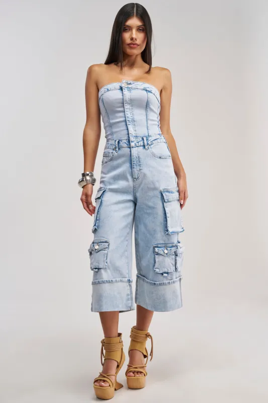 ALICIA CROPPED CARGO JUMPSUIT IN LIGHT BLUE DENIM made by AKIRA