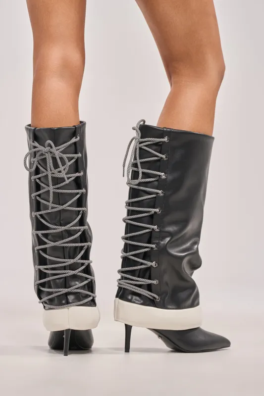 AKIRA GOLD HALOED BLACK LACE UP BLACK BOOTIE made by AKIRA