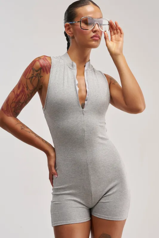 EFFORTLESS ICON ZIP UP KNIT ROMPER made by AKIRA
