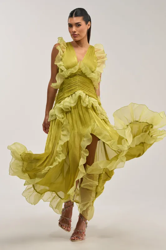 BEAUTIFUL GIRL FLOCKED CHIFFON MAXI DRESS IN GREEN made by AKIRA