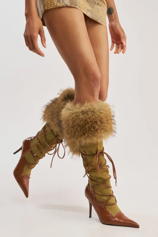AZALEA WANG OHARAR DENIM MULTI FUR DETAIL STILETTO BOOT made by Azalea Wang