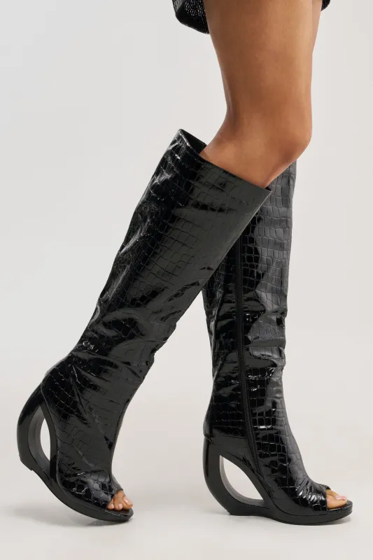 AZALEA WANG CAMILLA BLACK CROC OPEN TOE WEDGE BOOT made by Azalea Wang