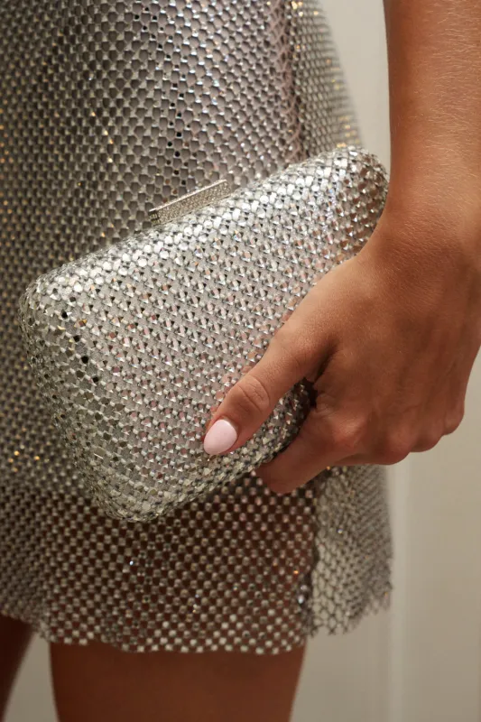 ELECTRIC AURA RHINESTONE CLUTCH IN SILVER made by AKIRA
