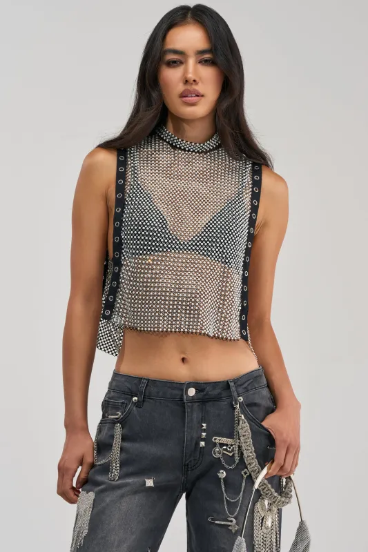 NO CRYING IN THE CLUB RHINESTONE MESH TOP made by AKIRA